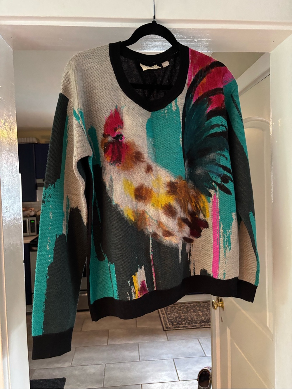 Anthropologie Multicolor Rooster Crewneck Sweater - Teal, Pink, Yellow, Black